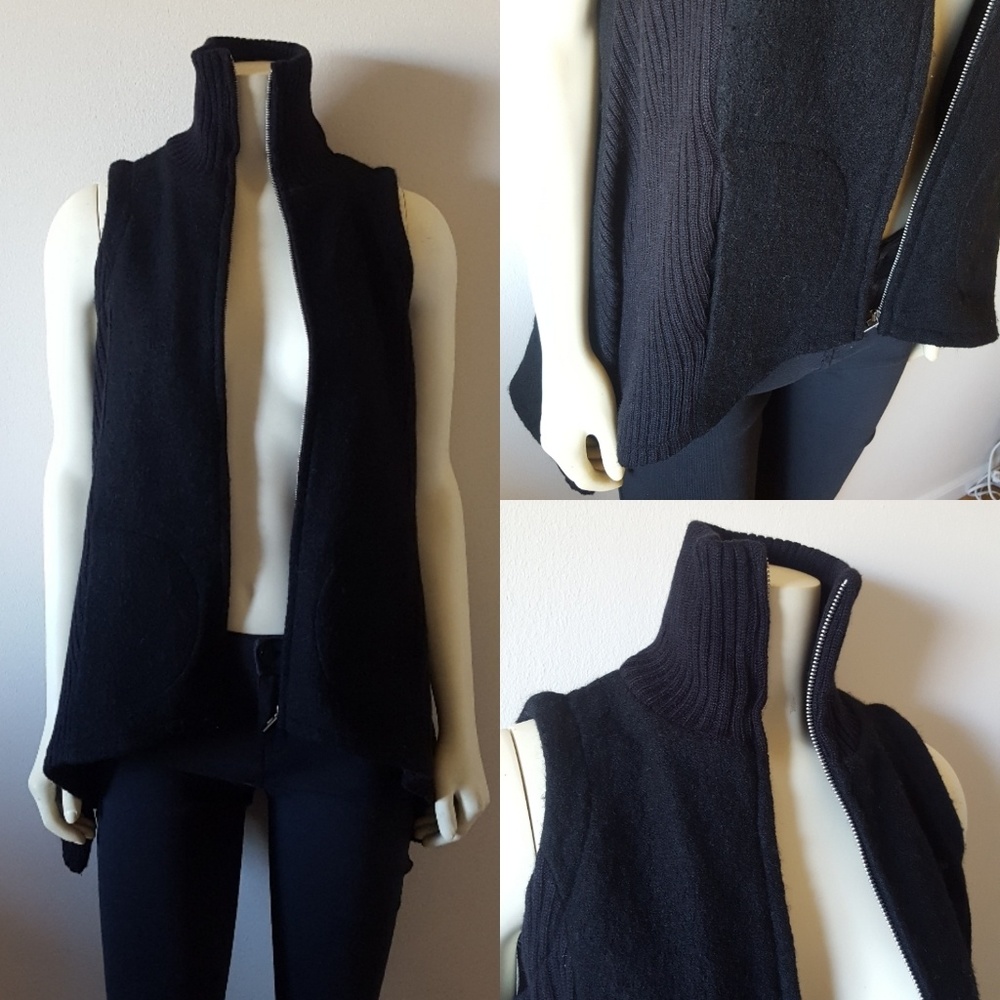 Zip Front Wool Boucle High Low Hem Sweater Vest